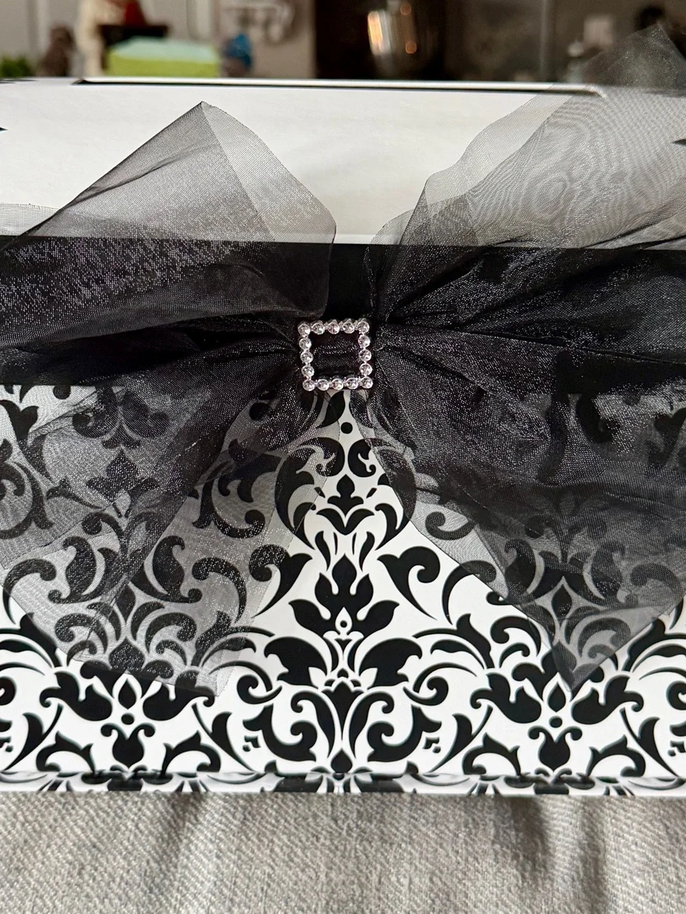 Black and White Damask Decorative Gift Box with Black Organza Bow